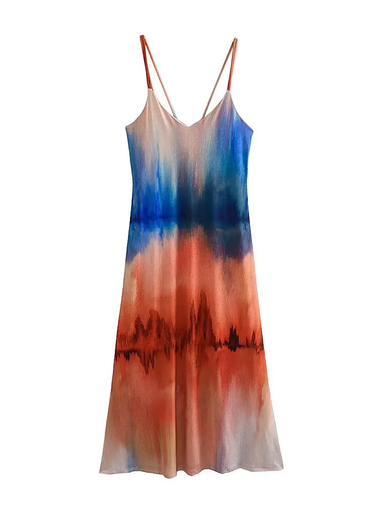 

MESTTRAF Women Fashion Y2K Tie-dye Print Midi Dress Vintage V Neck Thin Straps Backless Female Dresses Vestidos