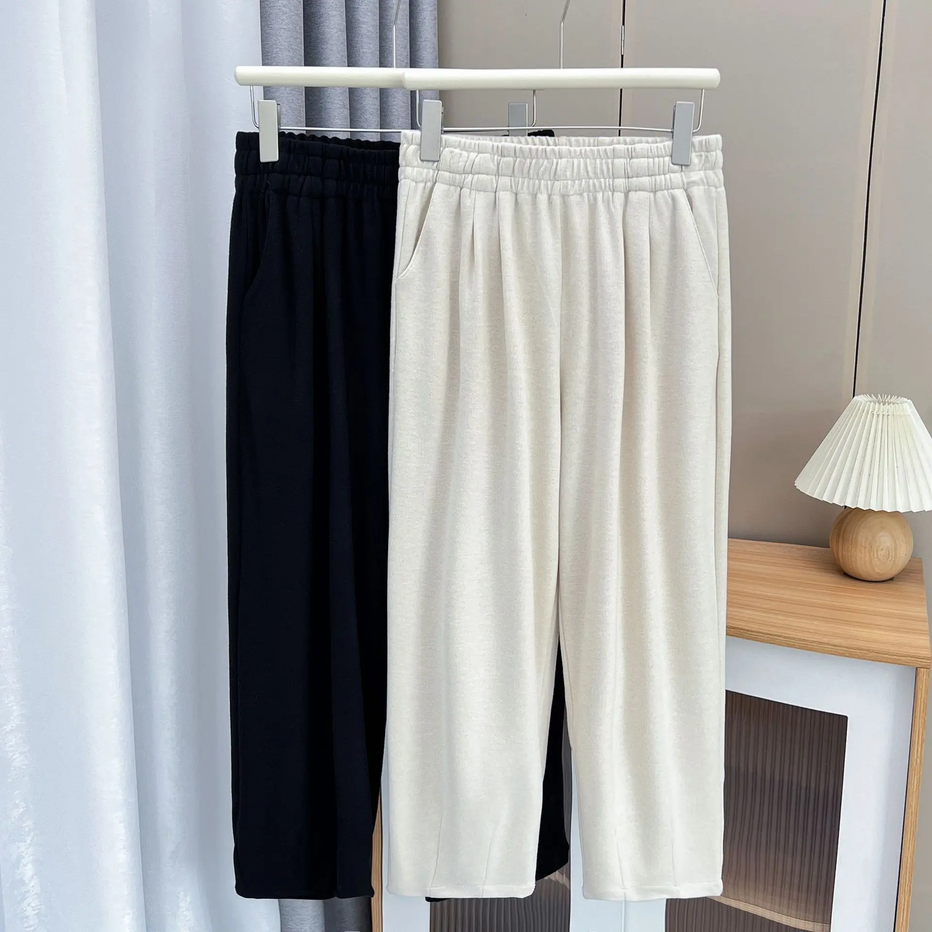 

2023 Autumn 100kg Simple Elastic Waist Haren Pants Plus Size Women's Solid Color Casual Cashmere Ankle Length Trousers