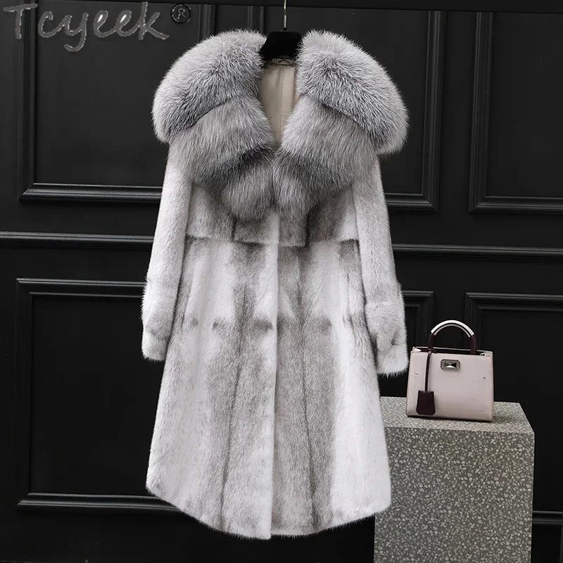 

Tcyeek Natural Whole Mink Fur Coat Women Fashion Mid-long Jackets 23 Warm Fox Fur Collar High-end Real Fur Jacket Winter Clothes