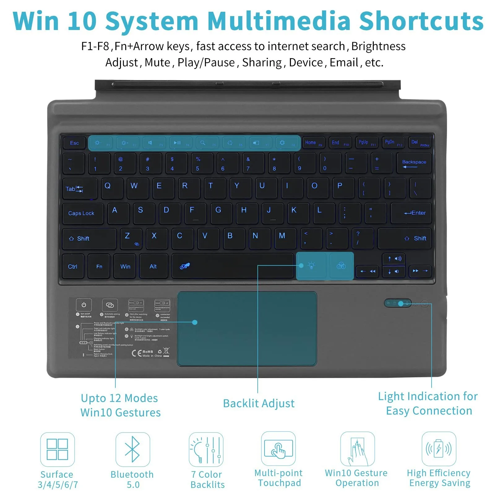 Teclado sem Fios Bluetooth para Microsoft Surface Pro x go Trackpad Backlight Tablet Touchpad Keyboard - Imagem 4