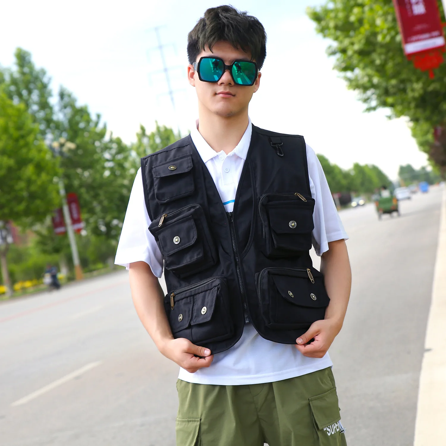 남성용 멀티 포켓 레드 아웃도어 조끼 통기성 낚시 하이킹 사진 촬영 조끼