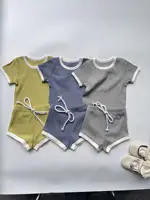 2025 Summer New Baby Short Sleeve Cotton Clothes Set Infant Boy Girl Solid Ribbed T Shirts + Shorts 2pcs Suit Toddler Outfits 2