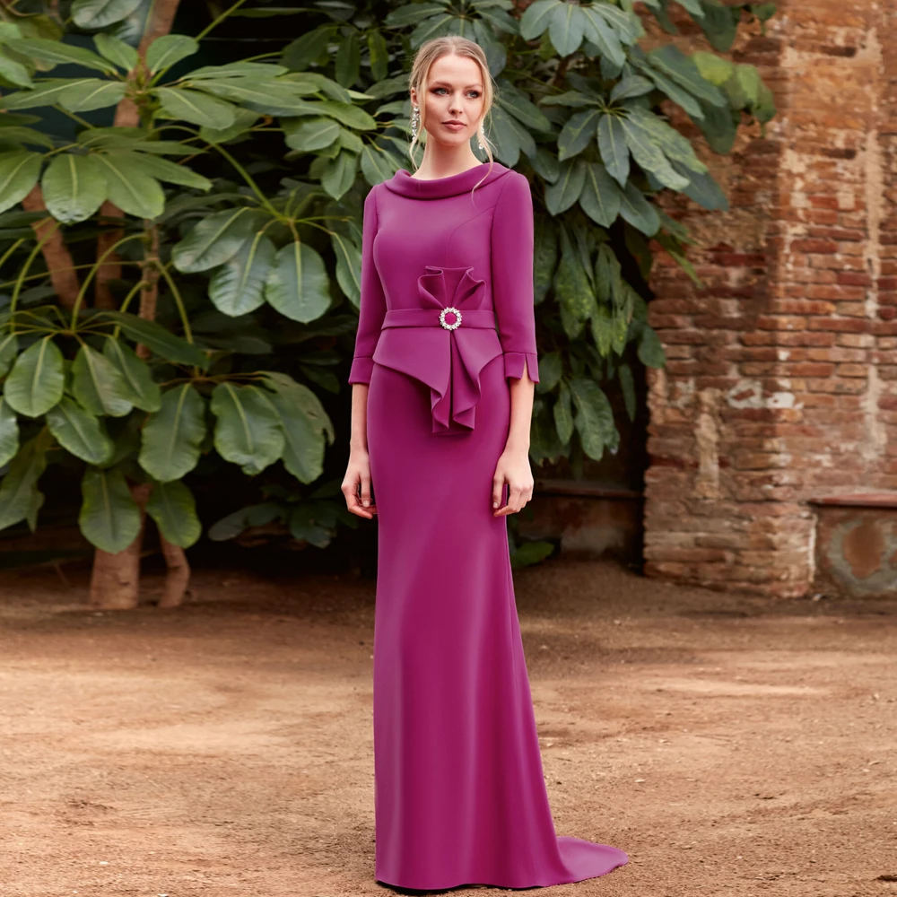 

Elegant Purple Mother of the Bride Dresses O Neck 3/4 Sleeves Wedding Party Gowns Ruched Beads Floor-Length 2024 فساتين السهرة