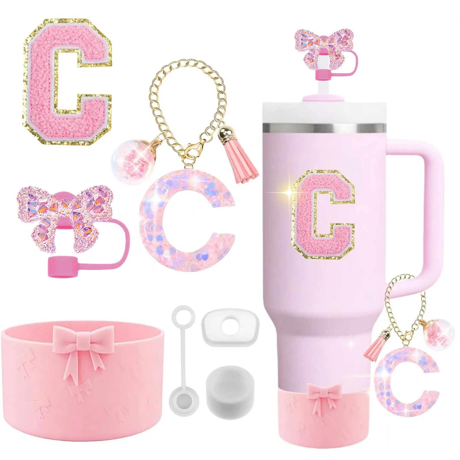 6-Piece Pink Tumbler Accessories Kit For Stanley Cups 30oz/40oz - Charm, Straw Cover, Boot, Spill Stopper