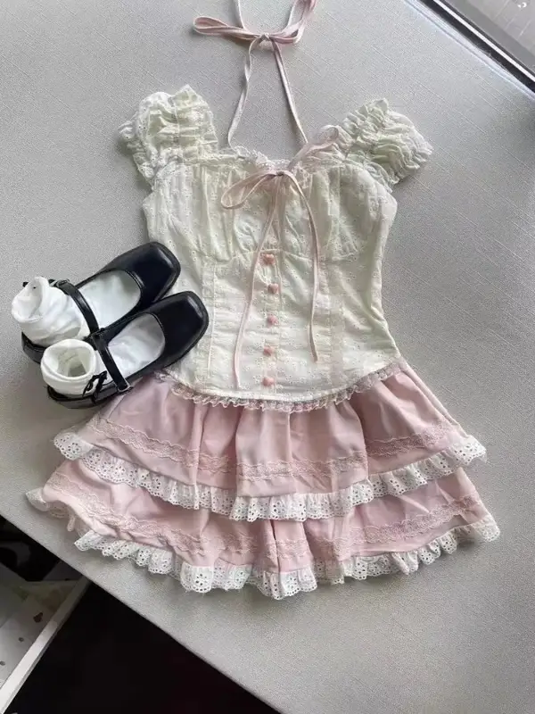 Japanese Sweet Preppy Style 2 Piece Set Women Kawaii Lace Patchwork Bow Tops + Y2k Plaid Mini Skirt Elegant Fashion Outifits New - Image 22