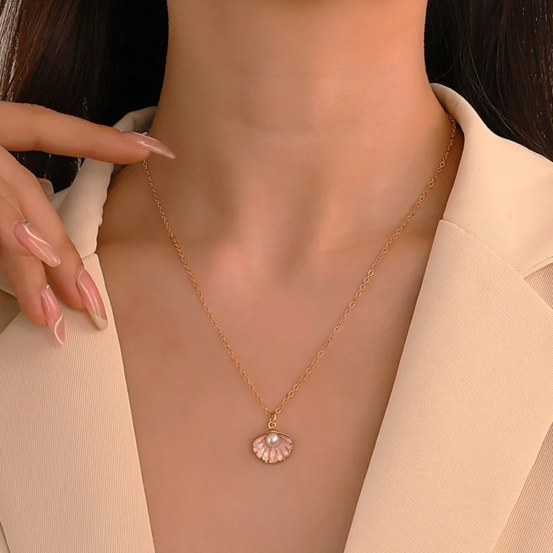 Mermaid Pearl Shell Enamel Necklace Fashion Temperament Colorful Shell Pendant Necklace Jewelry Presents for Women Girls 2