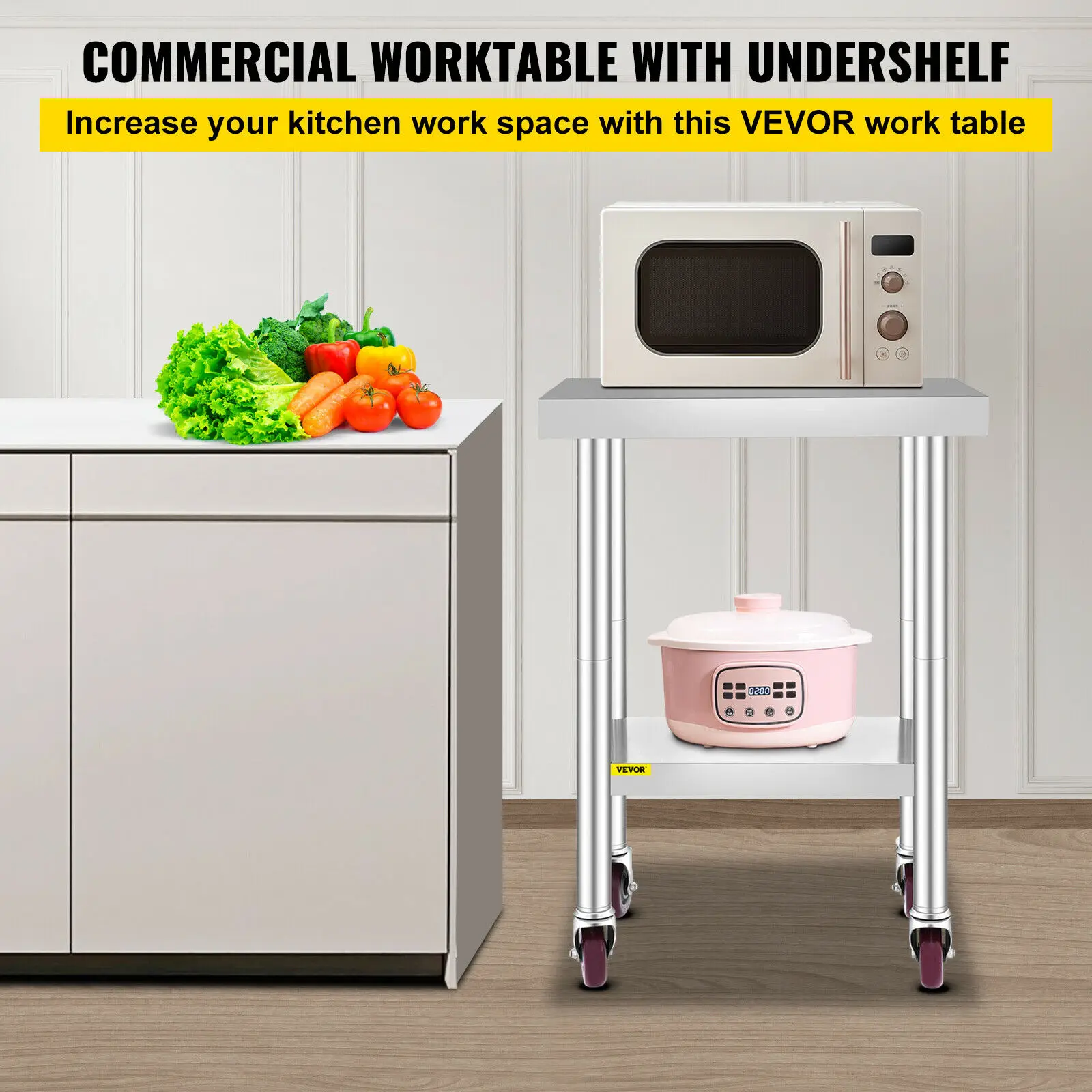 VEVOR Tavolo di Lavoro Banco Lavoro Cucina Commerciale in Acciaio Inox con 4 Ruote Regolabile, Tavolo Piano Doppio in Acciaio Inox Altezza Regolabile con Ruote Blocco, Banco Lavoro da Cucina 3