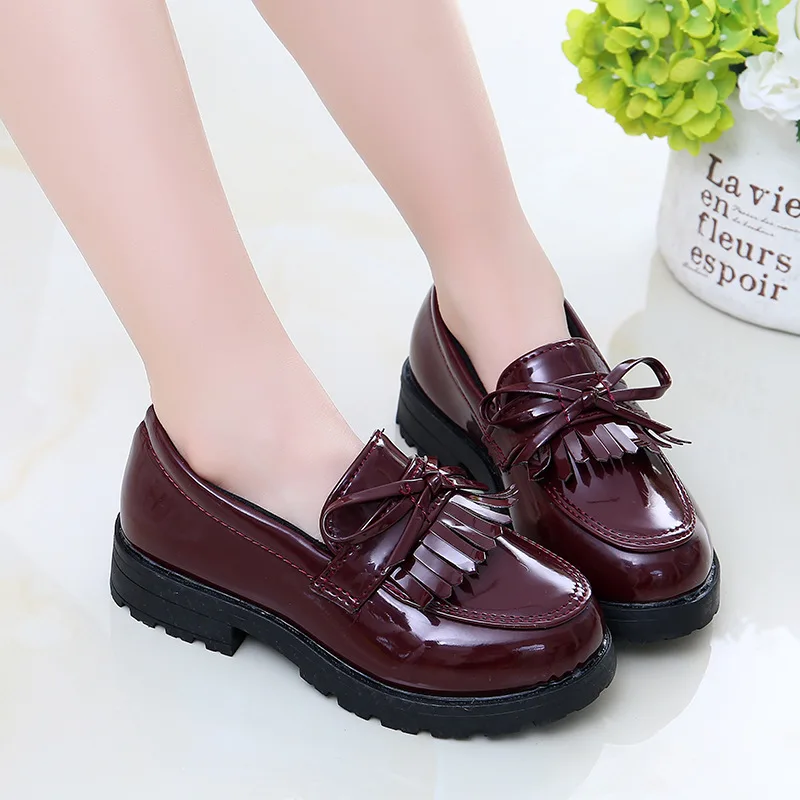 Girls Casual Leather Shoes Kids Flats Tassels with Bow-knot British Style Soft Slip-on Loafers for Wedding Party Bright Skin New