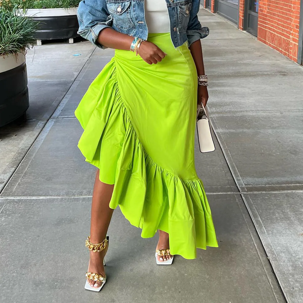 

Women's Casual Hem Ruffle Asymmetrical Elastic High Waist Maxi Skirt 2023 Summer Boho Long Skirts Dress Beach Party Clubwear