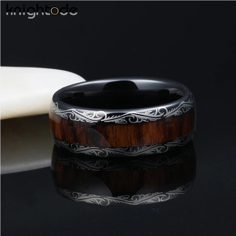 8mm Leaf Veins Black Tungsten Carbide Ring Dark Red Wood Inlay For Men Women Wedding Band Dome Polished Comfort Fit