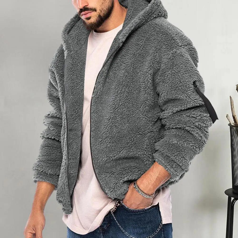 

Solid Color Jacket Men's Double-sided Fleece Hooded Winter Coat with Zip Up Closure Pockets Thick Soft Cold Resistant for Autumn