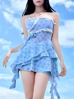 Sexy Blue Floral Print Dress One Piece Swimsuit Women Halter Lace Trim Push Up Ruffles Beach Bathing Suit Vacation Swimwear 2025