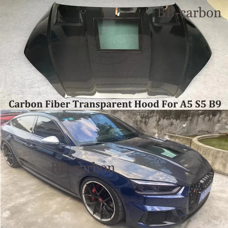 

Для A5 S5 RS5 Комплект кузова автомобильного стайлинга высокое качество углеродное волокно/FRP Неокрашенный передний бампер Прозрачная крышка капота двигателя