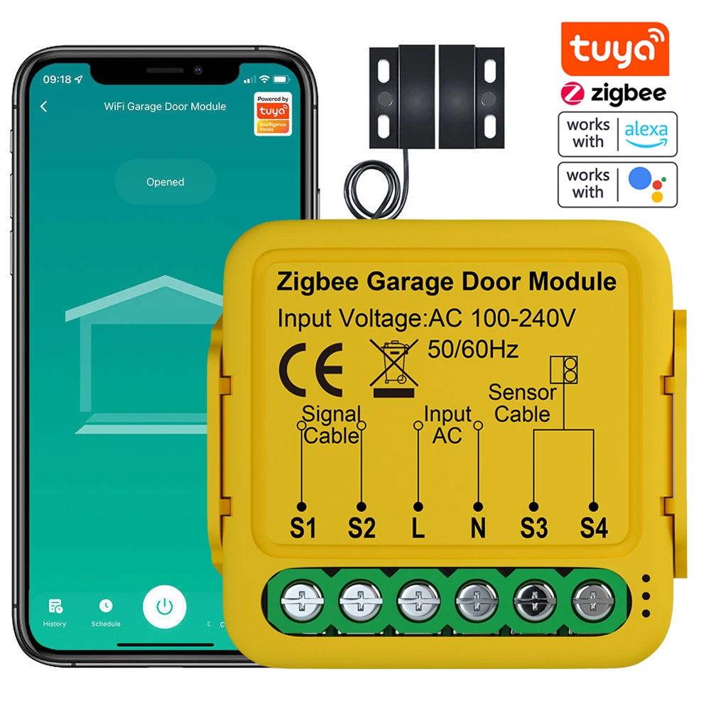 Tuya ZigBee 게이트 오프너 지능형 차고 문짝 컨트롤러 모듈, 휴대폰 원격 Tuya 앱 제어, Alexa와 호환 가능