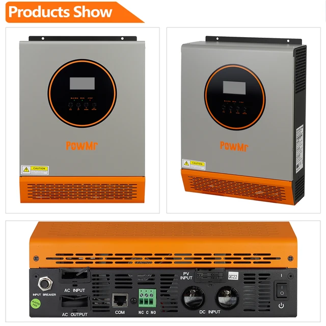 PowMr 2400W Hybrid Solar Inverter 24V to 110V 120V Pure Sine Wave With PWM 80A Solar Charge Controller and PV Panel 30-80VDC 6