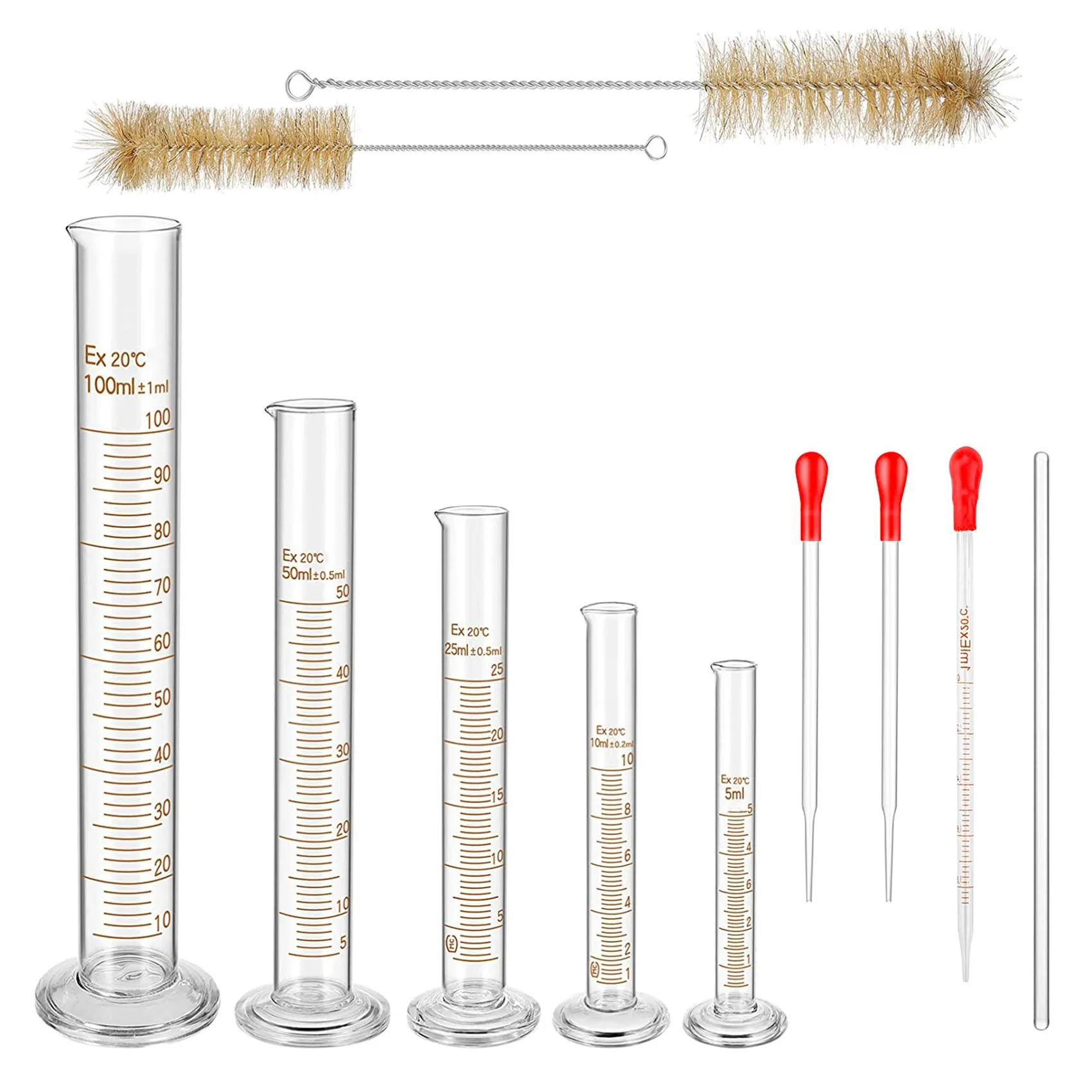 Glass Graduated Measuring Cylinders Set Premium Borosilicate Cylinders Kit 3 Pipettes + 2 Brushes + 1 Stirring Rod