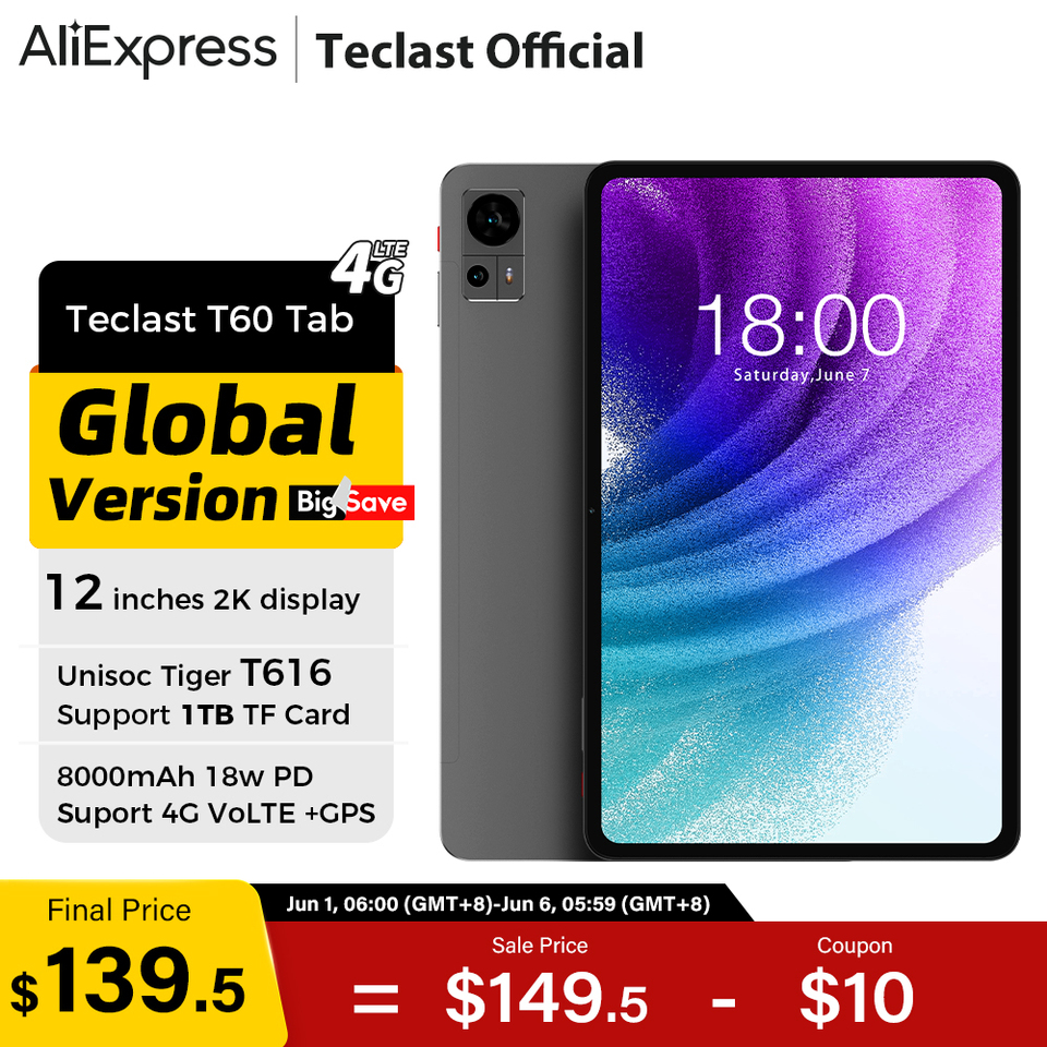Teclast T60 12 inch 2K Tablet Android 14 8GB+12GB RAM 256GB ROM T616 octa-core 8000mAh 18W PD Fast Charging 4G VoLTE GPS Tablets