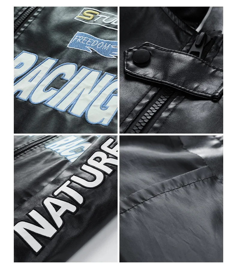 Description Picture 5 of itemMen Moto Biker Jacket Embroidered varsity Leather jacket oversized Faux Leather Coat Spring Autumn PU Windbreaker Racing Outwear