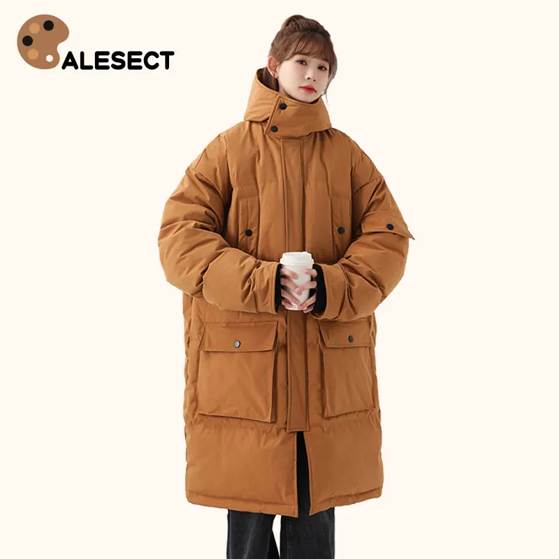 

CALESECT Winter Long Down Coats Padded Puffer Jacket Women 2022 New In Zip Parkas with Hood Female Overcoat Outwears Clothing