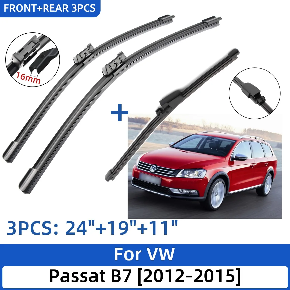

Щетки стеклоочистителя для VW Passat B7 2012-2015, 24 дюйма + 19 дюймов + 11 дюймов, аксессуары для стеклоочистителя лобового стекла, 2012 2013 2014