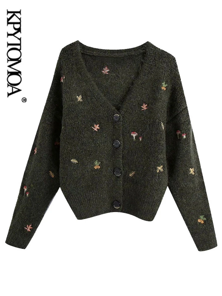 KPYTOMOA Women  Fashion Floral Embroidery Knitted Cardigan Sweater Vintage Long Sleeve Button-up Female Outerwear Chic Tops green cardigan