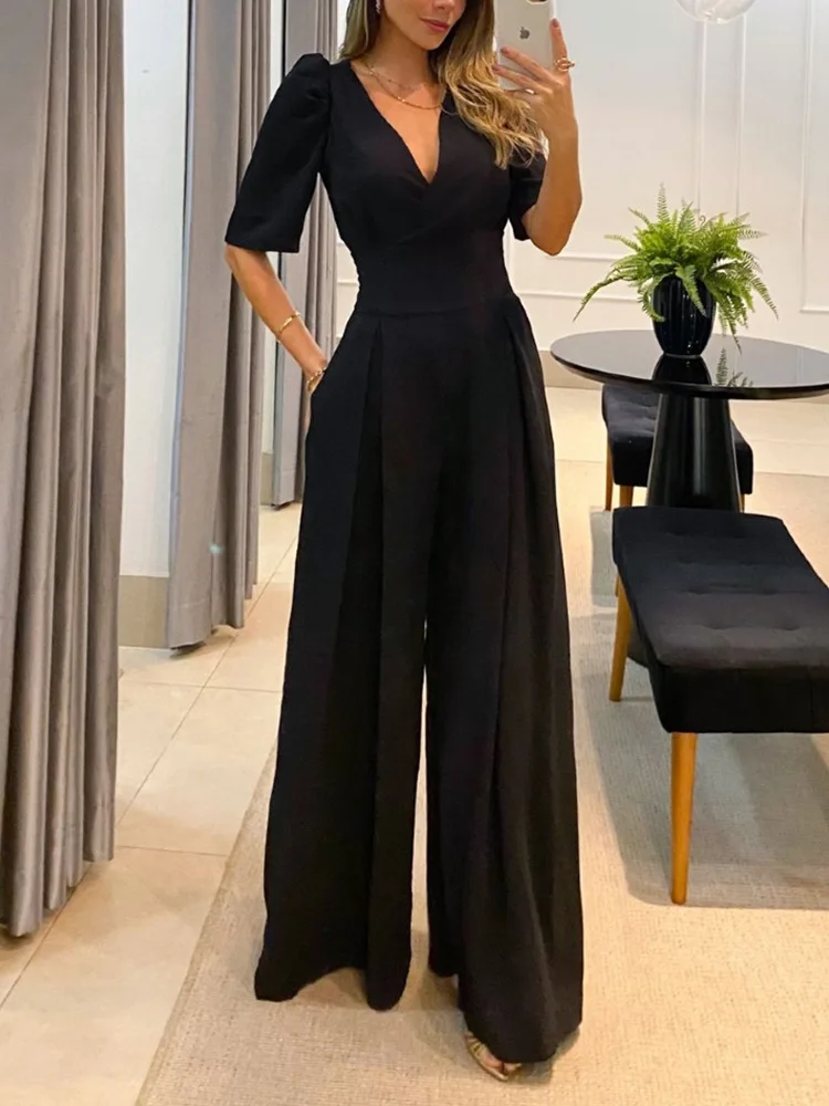 Casual Solid Jumpsuit Women Puff Sleeves Lace Up Long Jumpsuits Summer Sexy V Neck One Pieces Wide Leg Pants Female Overalls