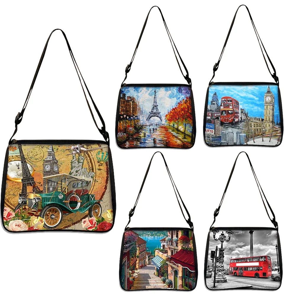 

London Landscape / Eiffel Tower Print Shoulder Bag for Travel Women Handbags Leisure Clutch Ladies Canvas Messenger Bags