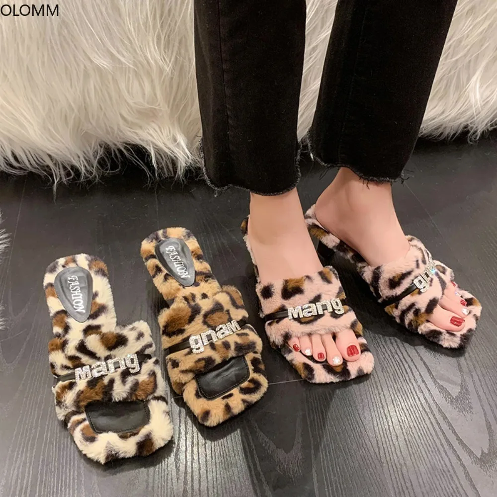 

Leopard Mixed Colors Fur Backless Slipper Mules Womens Slide Princetown Shoes Peep Toe Rhinestones Warm Winter Kitten Heel