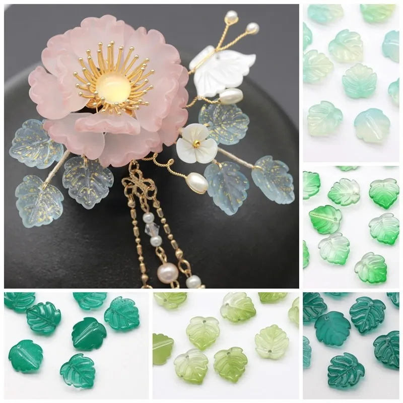 10pcs 14x15mm Green Leaf Shape Handmade Lampwork Glass Petal Pendants Loose Beads for Jewelry Making DIY Crafts Findings
