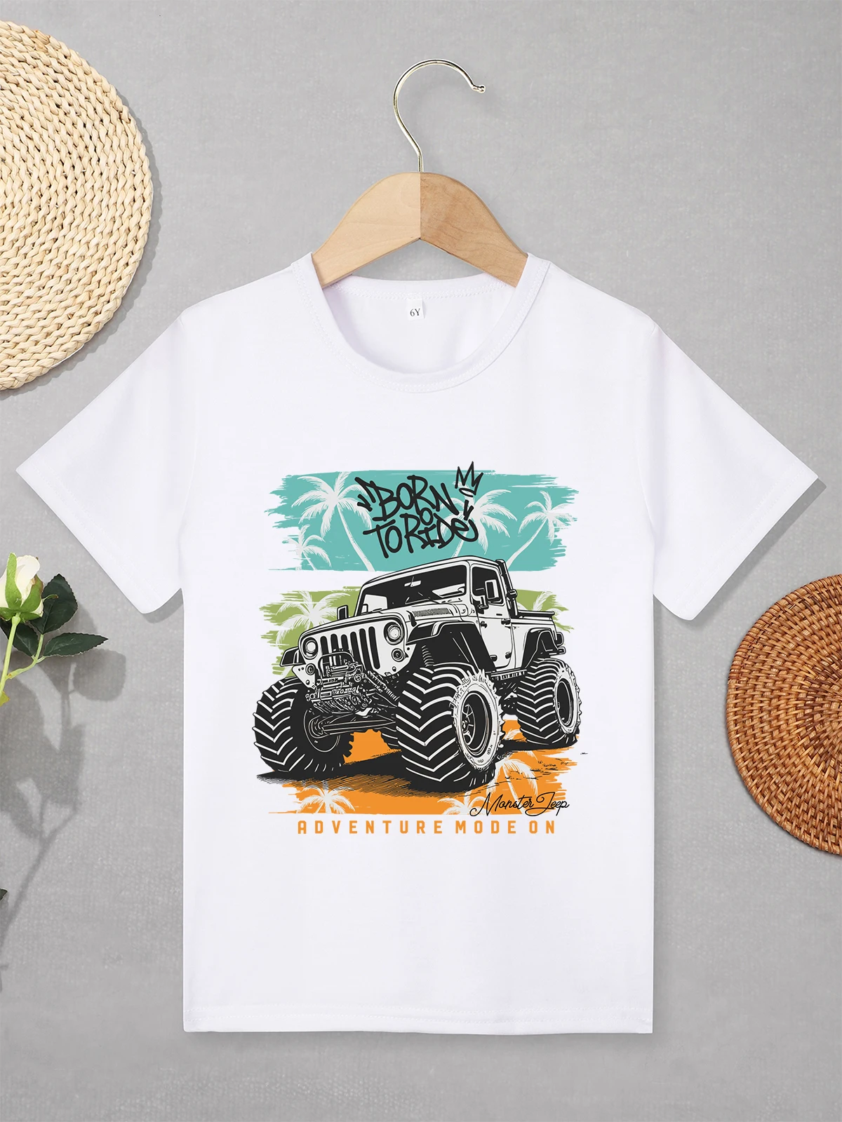 Monster Truck Hipster Boys Shirt Summer Outdoor Adventure Fashion Children's Clothing Short Sleeve Black Tops Street Casual Tees 2