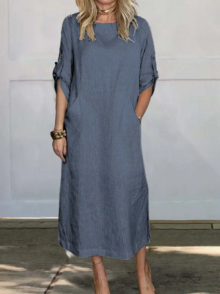 Autumn New Cotton Women's Dress Fashionable Solid Color Loose Casual 4