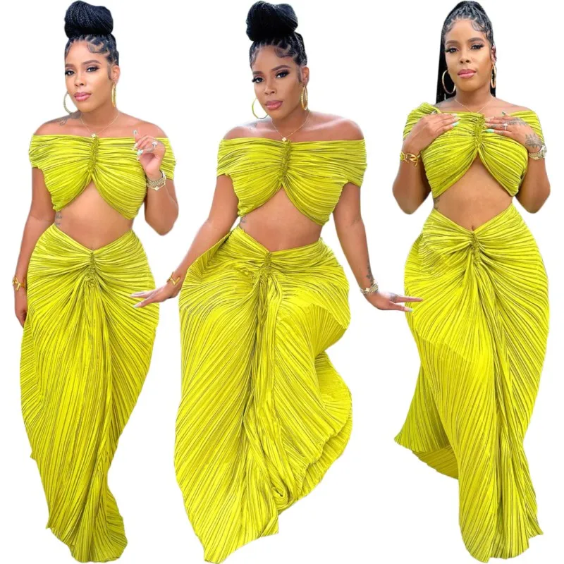 2 Piece Skirt Sets Summer Sexy Solid Top Pleated Maxi Skirt Sets Elegant Party Sheath Matching Fashion Outfit 2023 New Arrival