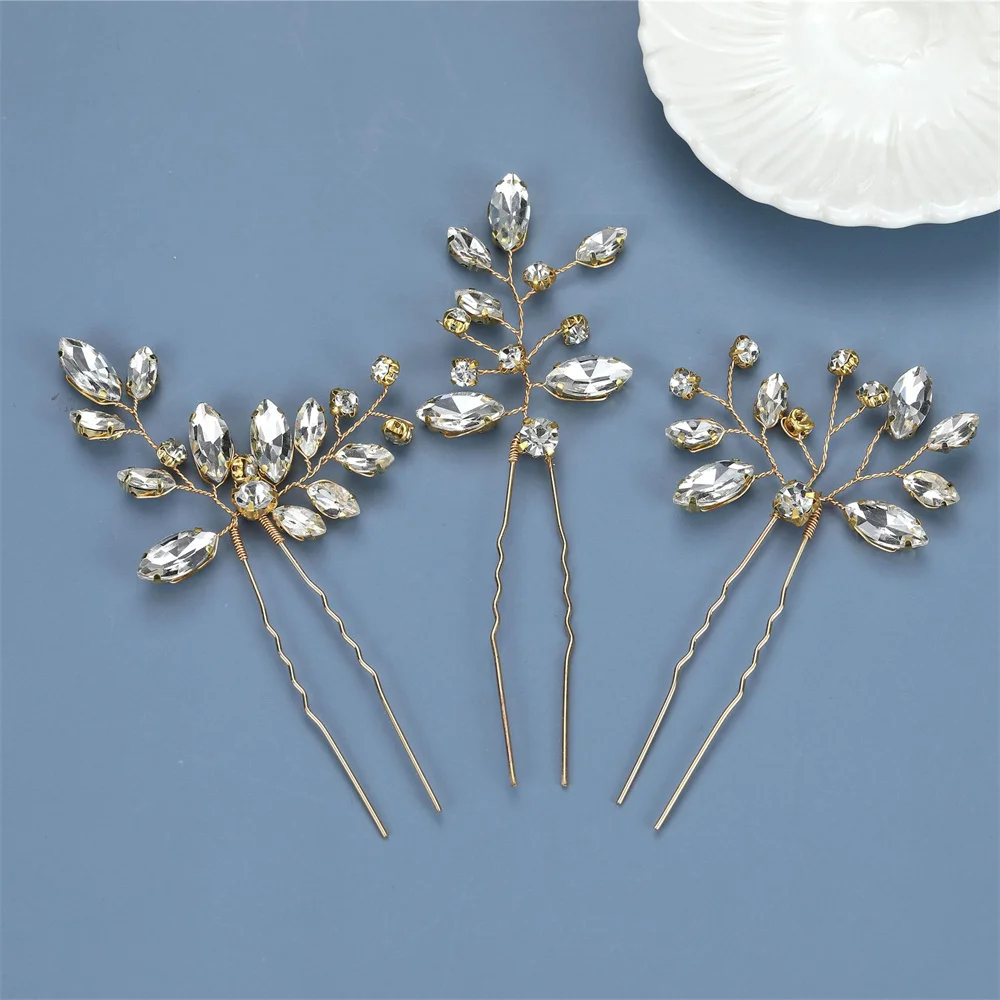 Hair Clip 3Pcs Bridal U-shaped Pin Metal Barrette Clip Hairpins Rhinestone Wedding Hair Accessories