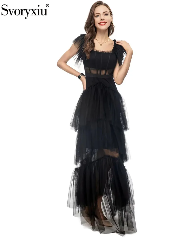 

Svoryxiu Fashion Summer Vintage Black Color Gauze Floor-Length Dress Women's Square Collar Cascading Ruffle High Waist Dress