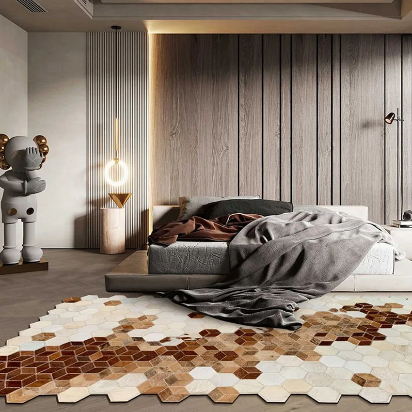 

American style irregular shaped genuine cowhide skin fur patchwork rug , real cows skin diamond plaid carpet villa rug