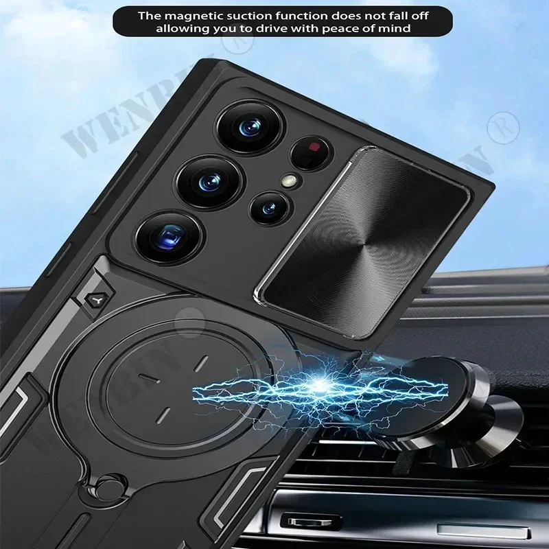 Dėklas, skirtas Samsung S24 S23 S22 S21 Ultra Plus A55 A35 A15 A34 A14 Magnetiškai besisukantis stumdomas fotoaparatas 360 pasukamas stovo korpuso dangtelis_voghion.com