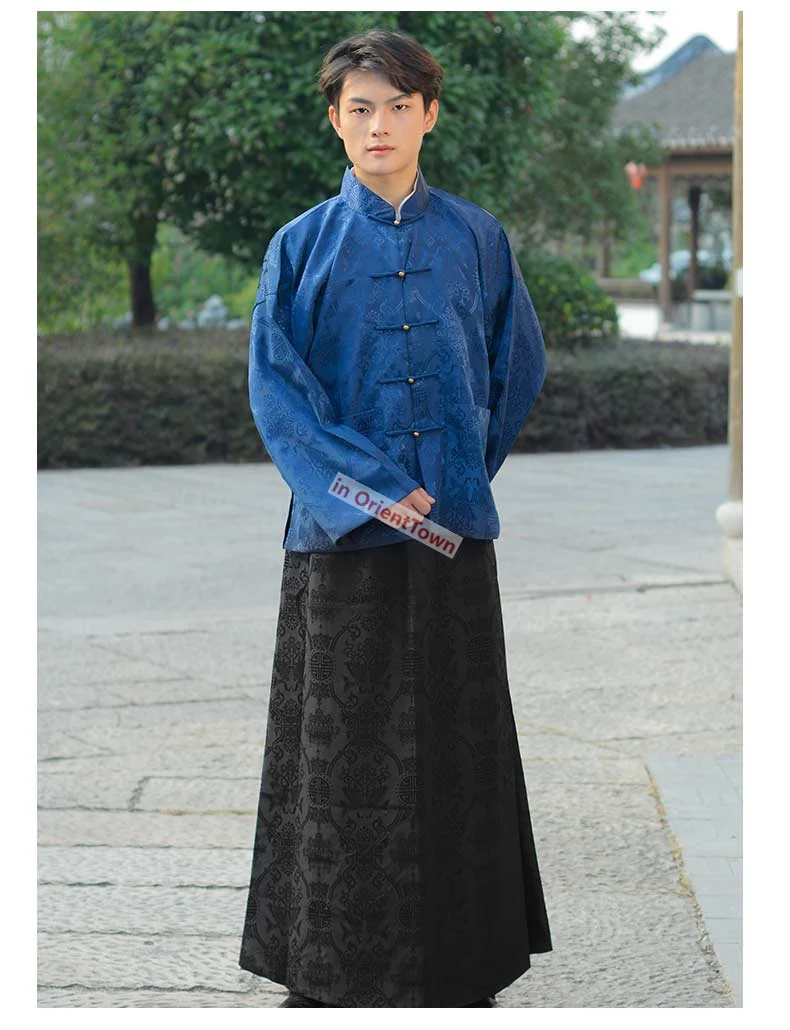 Mens Cotton Linen Gold Red Blue Black Mandarin Jacket Long Robe Male 1900-1949 Traditional Chinese Streetwear Tang Suit