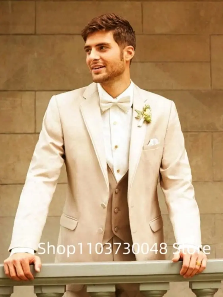 Khaki Men Suits Slim Fit 3 Piece Single Breasted Suit Jacket for Prom Party Business(Blazer+Vest+Pants)Wedding Suits for Men