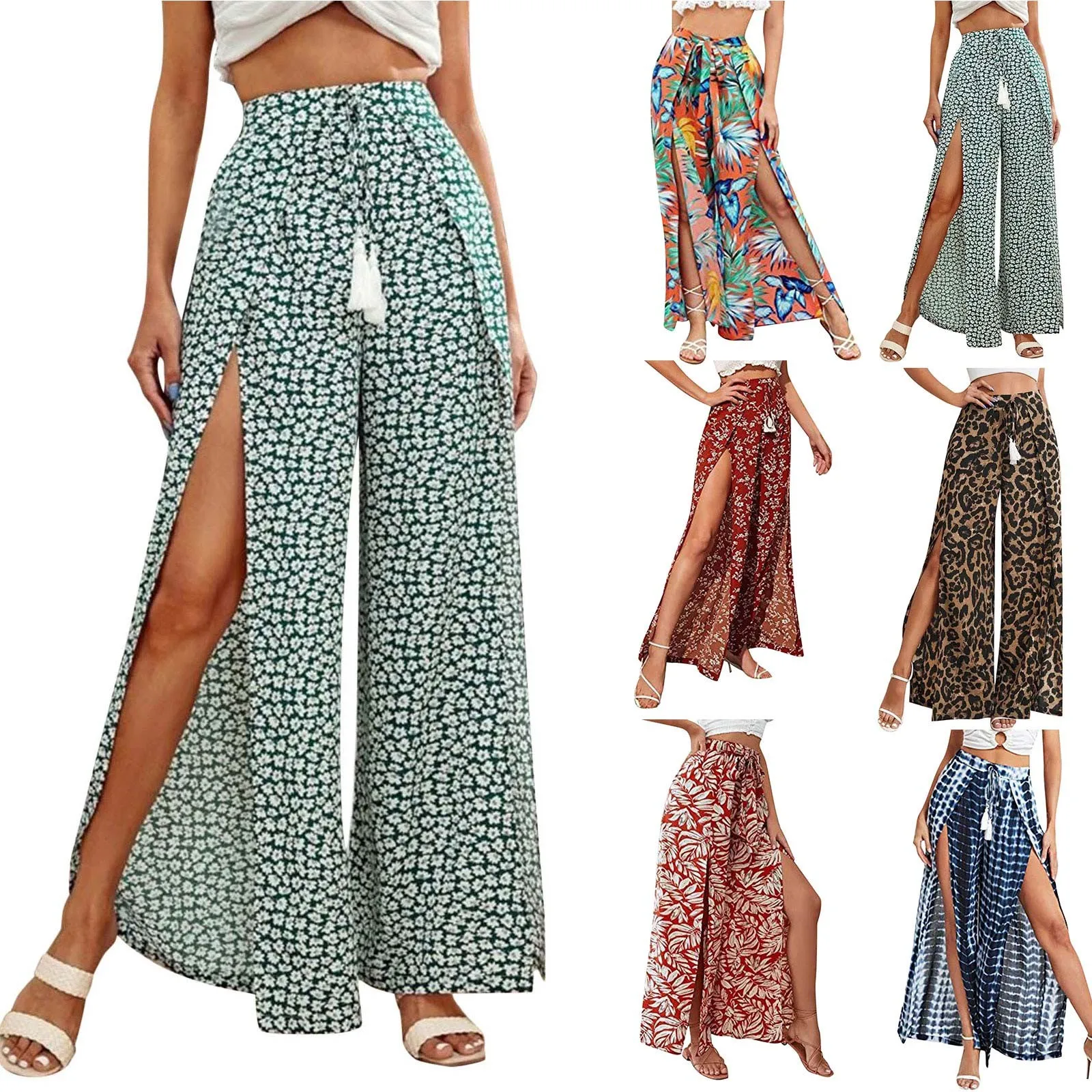 

Women'S Clothing Bohemian Print Vent Casual Tassel Lace Up Waist Wide Leg Pants Soft Comfort Trousers High Waisted Baggy Trouser