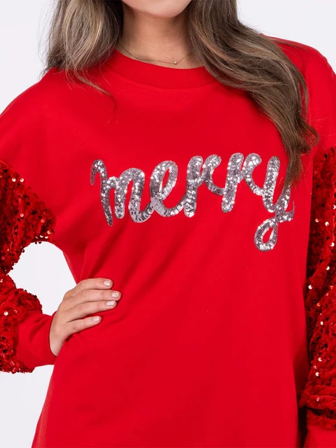 Women s Christmas Loose Pullover Glitter Sequin Long Sleeve Crew Neck Reindeer Printed Sweatshirt with Pockets 2