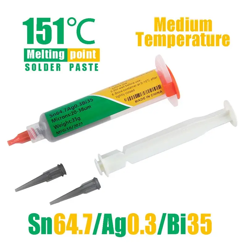 Needletube Type Middle Temperature Solder Paste Sn64.7ag0.3bi35 Melting Point 151℃ Patch Repair