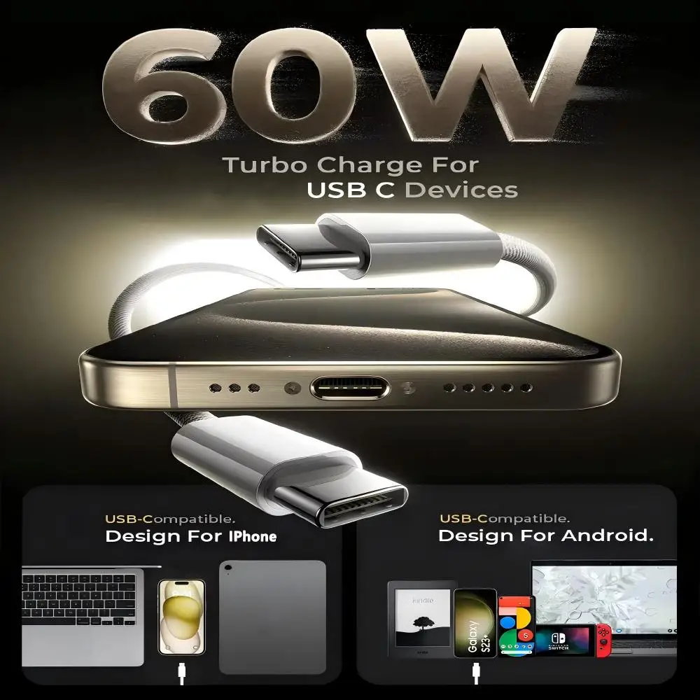 Premium USB-C Fast Charging Cable - 60W Power Delivery & Durable Weaving Design