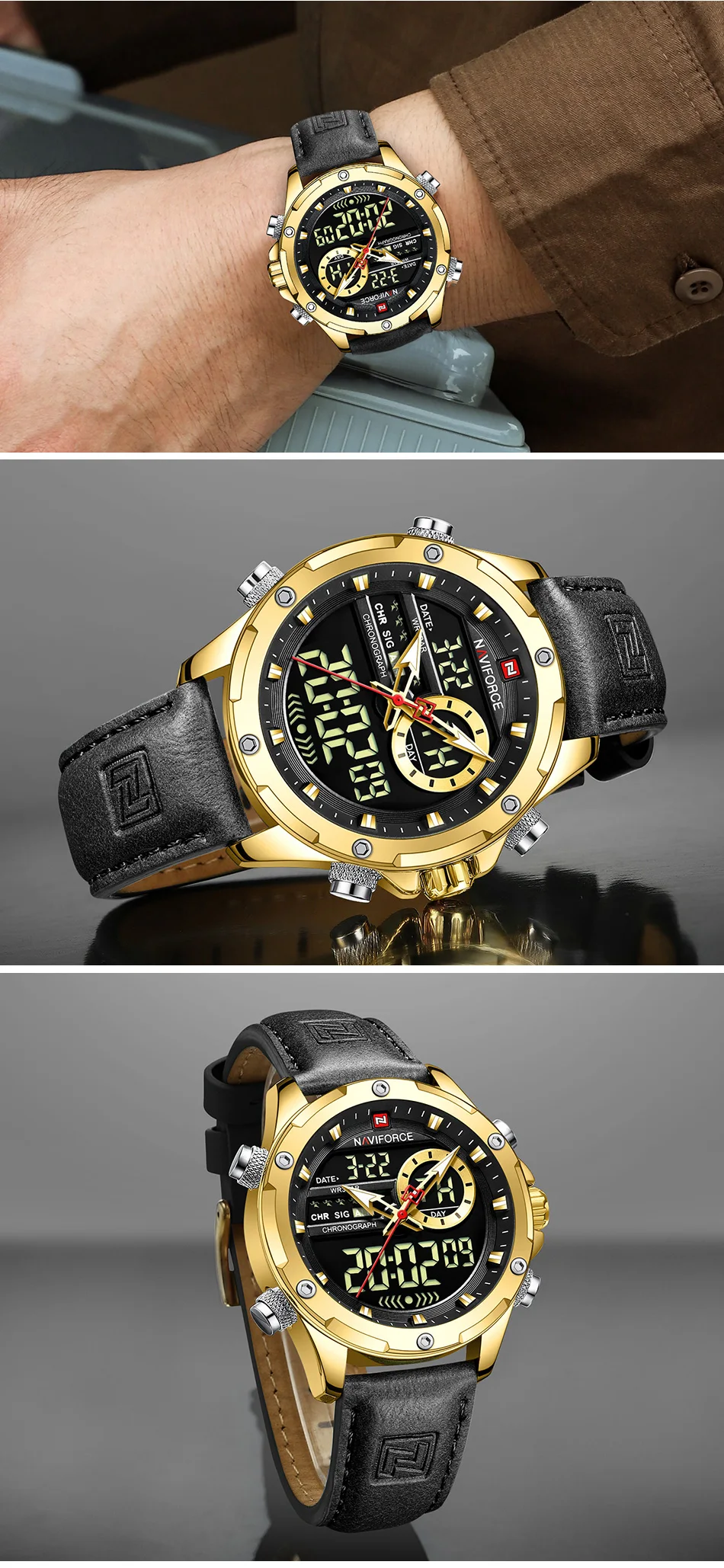 NAVIFORCE Digital Men Military Watch Waterproof Wristwatch LED Quartz Clock Sport Watch Male Big Watches Men Relogios Masculino