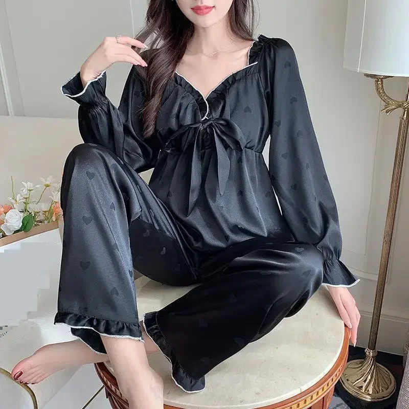 

Весенний пижамный комплект с V-образным вырезом, черный женский комплект из 2 предметов, рубашка и брюки, нижнее белье, пижама с длинным рукавом, женский костюм