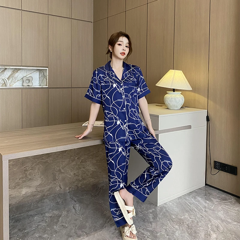 Fashion Pajamas Short-Sleeved With Long Pants Leisure Home Clothes New  Design Trendy Comfortable Turn-Down Silky Blue Nightwear