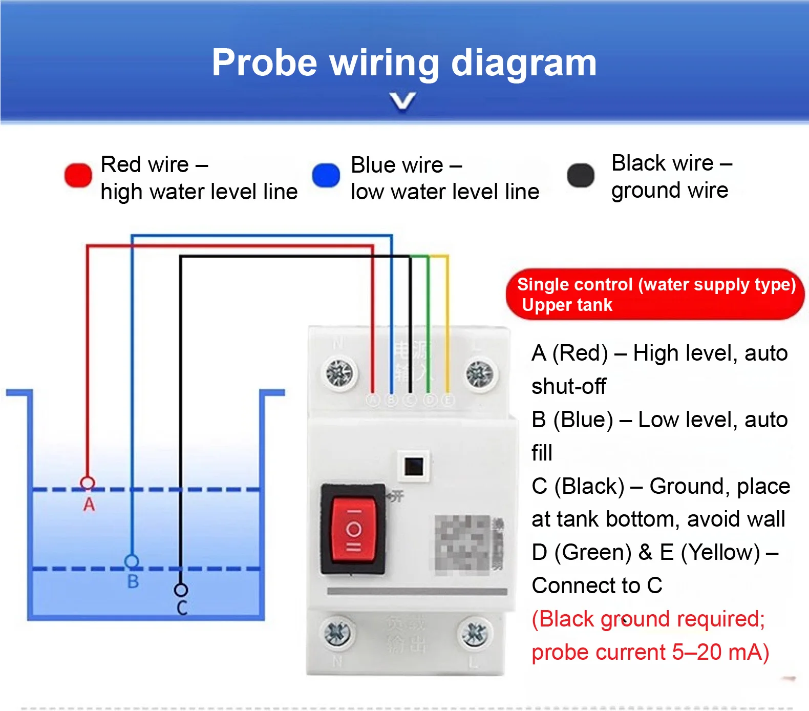 AC220V/DC24V Automatic Water Level Controller with Three‑Wire Probe Float Switch
