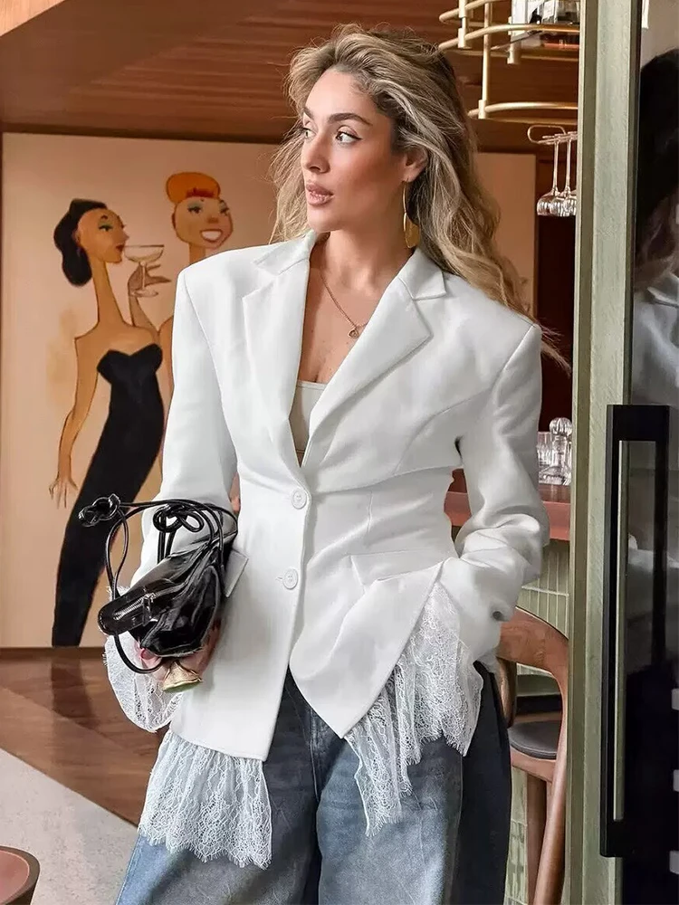 Elegant Lace Splice Blazer Coat Women Fashion Office Long Sleeve Single Breasted Jackets 2026 New Spring Black Casual Blazers