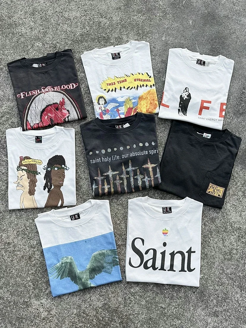 

Saint Michael 2024 Worn Out Hole West Coast Washed Vintage Casual Loose High Street VINTAGE Oversized Short Sleeved T-shirt