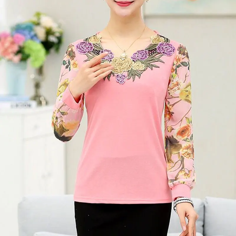 Vintage Floral Embroidered Long Sleeve Blouse - Women's Casual Spring/Autumn O-Neck Shirt