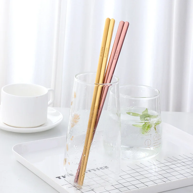 

1Pair Chopsticks Stainless Steel Chopsticks Household Solid Flat Chopsticks Korean Barbecue Shop Non-Slip Tableware Chopsticks